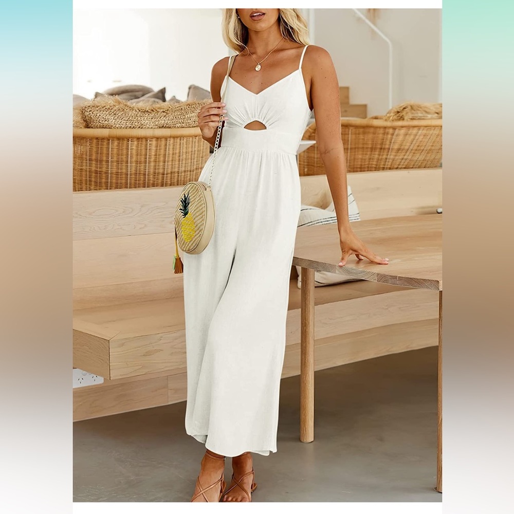 Women's Spaghetti Straps VNeck Cutout High Waist Wide leg Jumpsuits with Pockets